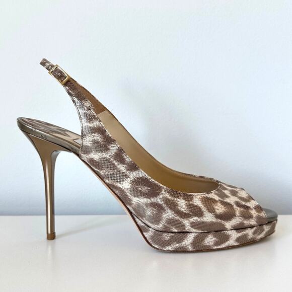 Jimmy Choo Nova Leopard Print Gold Shimmer Leather Slingback Pumps Size 38 - Picture 15 of 16